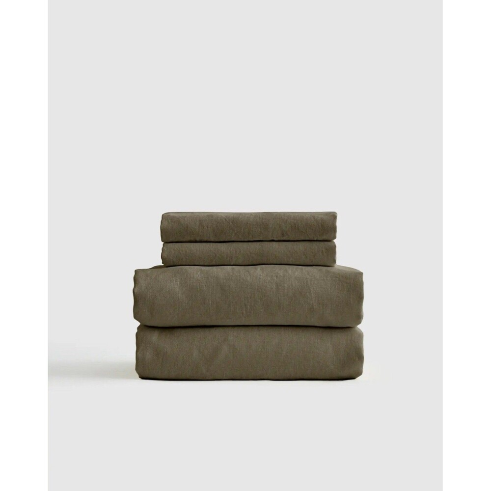 Quince King Organic Cotton Crisp Percale Sheet Set Dusty Olive $99.90 Retail NEW